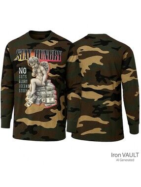 Contender Mens Camo Long Sleeve Tee Size LG XL 2XL 3XL Stay Hungry Shirt 1KT219